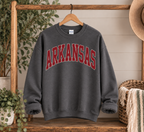 charcoal Arkansas crewneck sweatshirt with red lettering