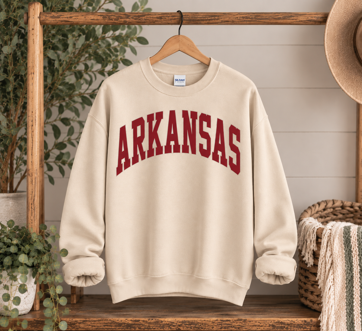 cream Arkansas crewneck sweatshirt with red lettering