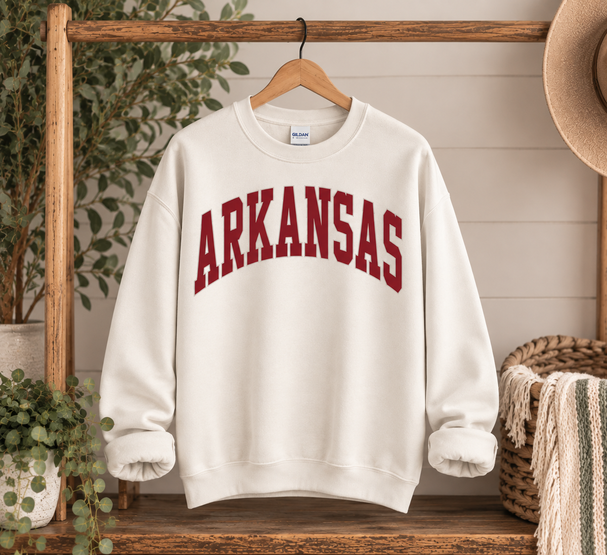 white Arkansas crewneck sweatshirt with red lettering