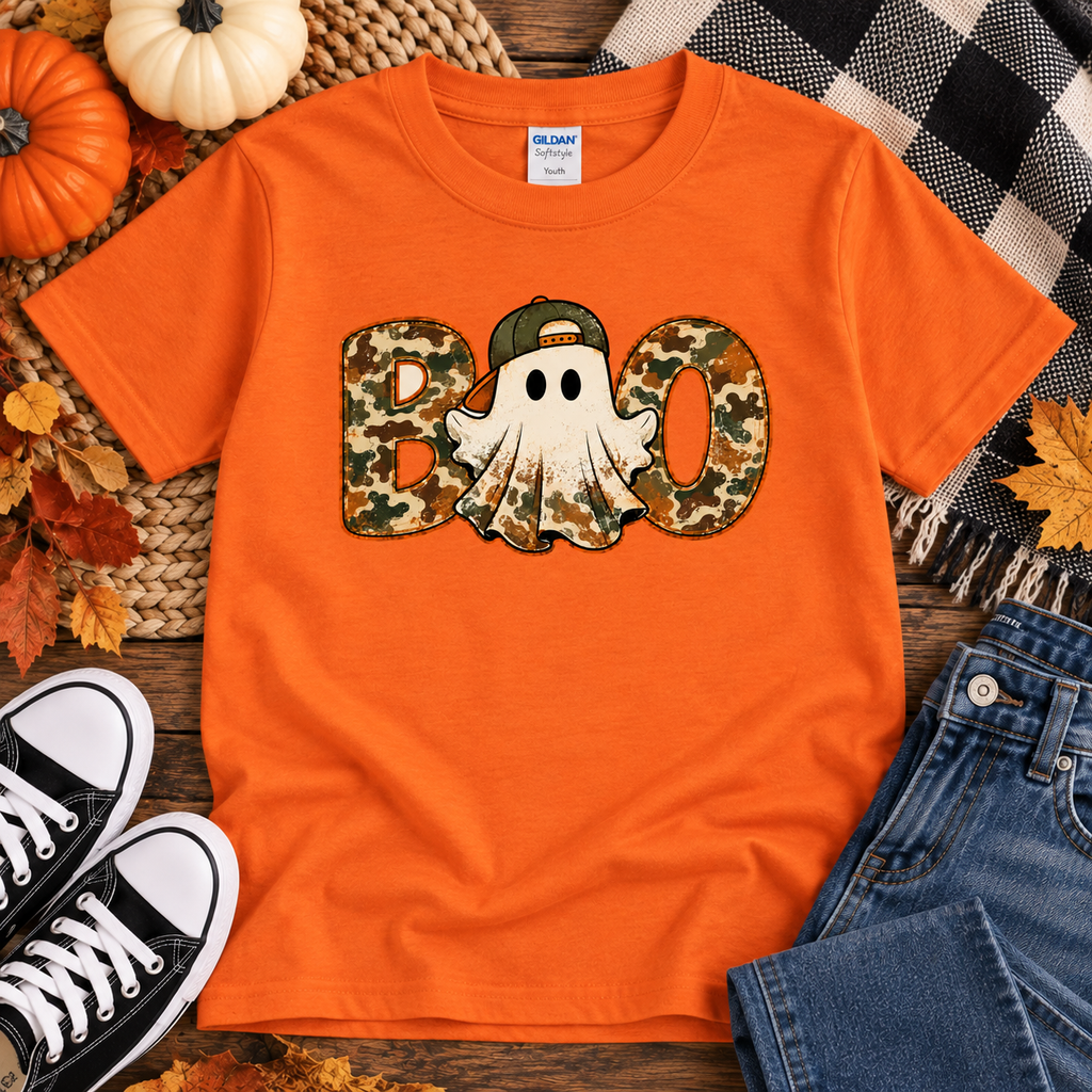 Camo Boys BOO youth Gildan Softstyle tee in Orange