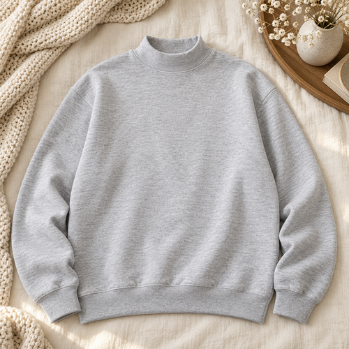Blank ash gray mock neck sweatshirt styled on ivory linen with boutique decor