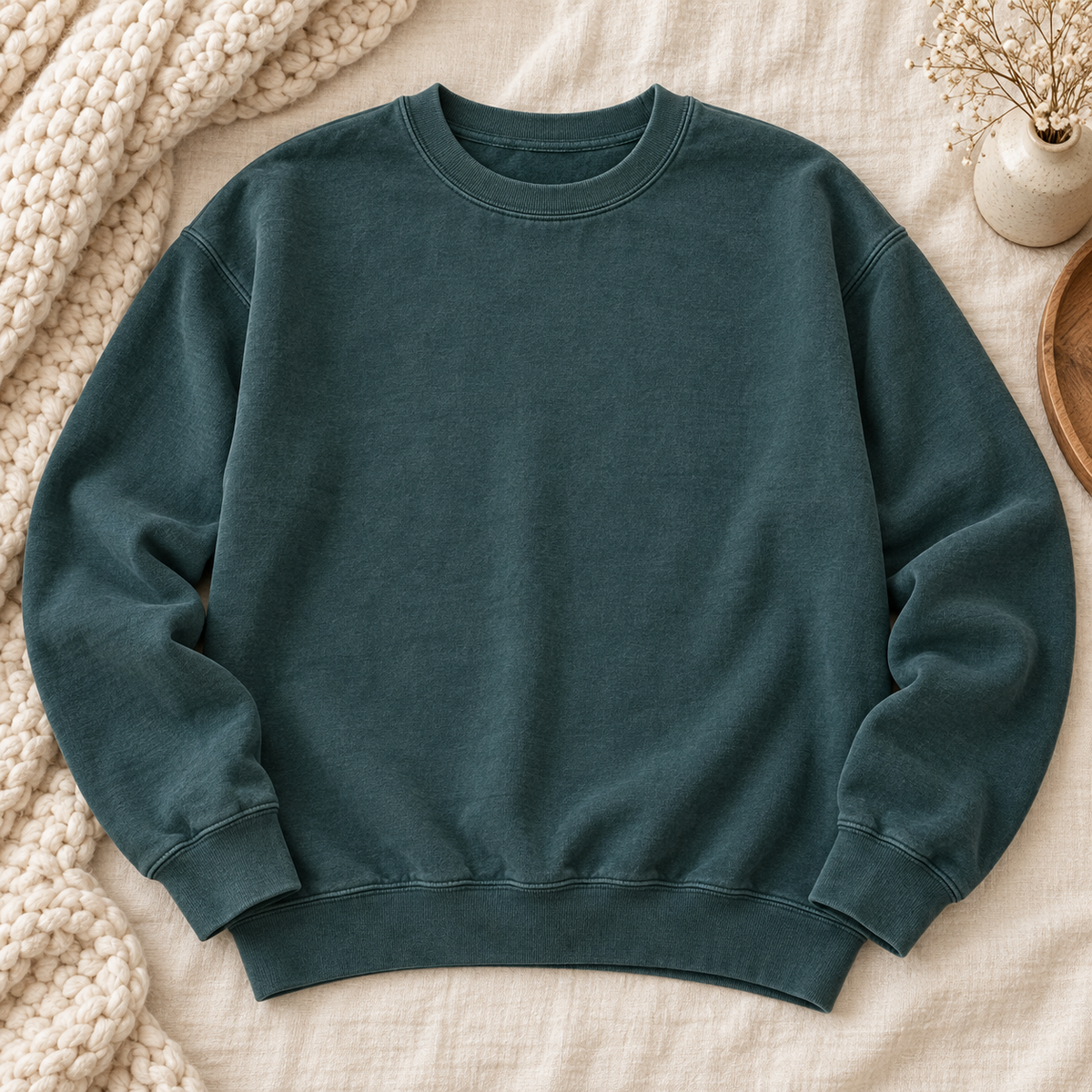 Blank Blue Spruce Comfort Colors crewneck sweatshirt on an ivory boutique background