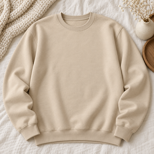 Blank sand-colored Gildan crewneck sweatshirt on an ivory boutique background