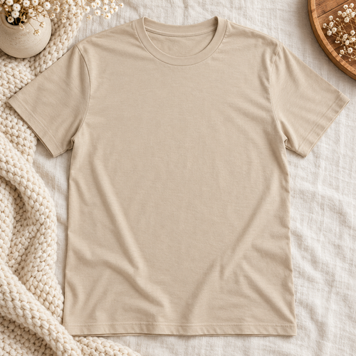 Blank sand-colored Gildan Softstyle tee on an ivory boutique background