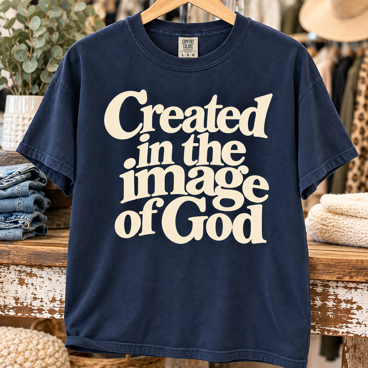 Midnight Navy Comfort Colors tee with cream Created in the Image of God design