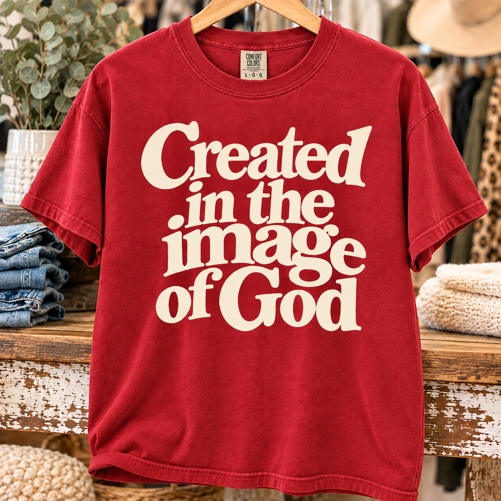 Red Comfort Colors tee with cream Created in the Image of God design