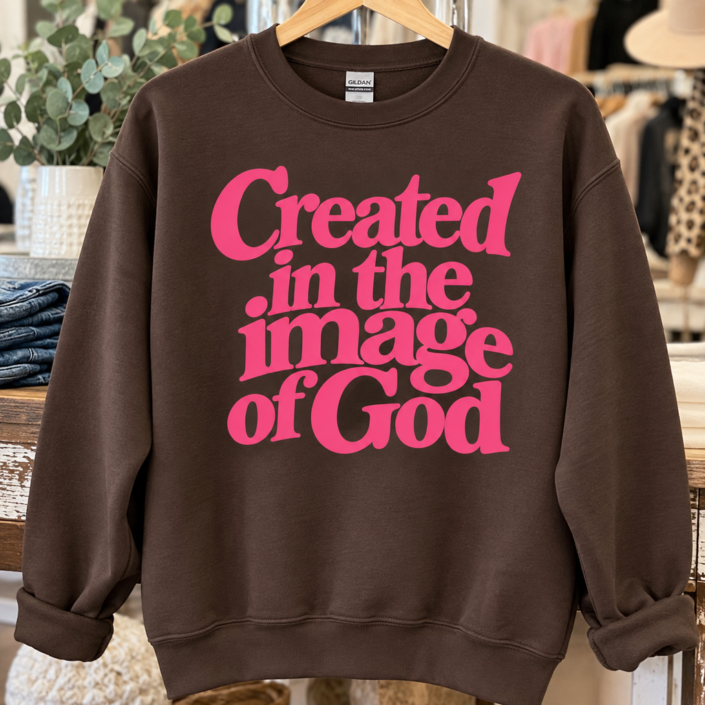 Dark Chocolate sweatshirt with medium blue Created in the Image of God design