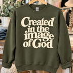 Military Green sweatshirt with cream Created in the Image of God design