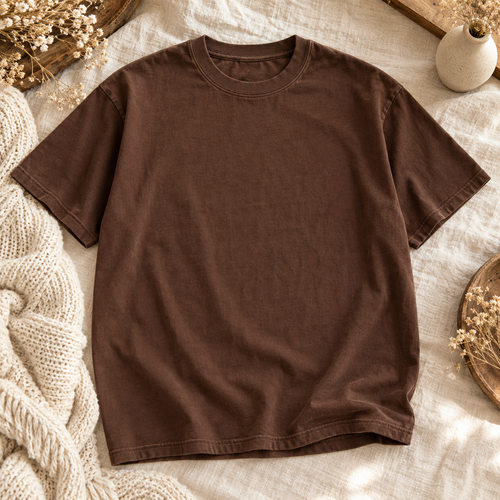 Plain chocolate brown Comfort Colors tee styled on ivory linen with boutique decor