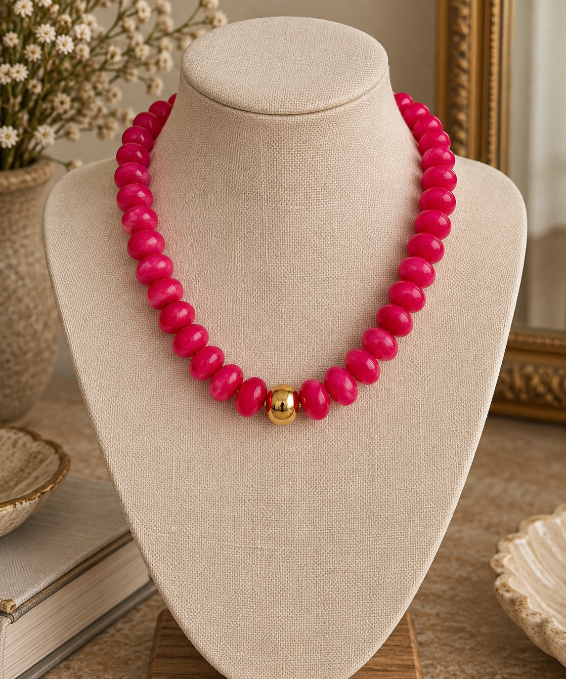 Elle Beaded Necklace with bright pink beads and a polished gold-tone center bead