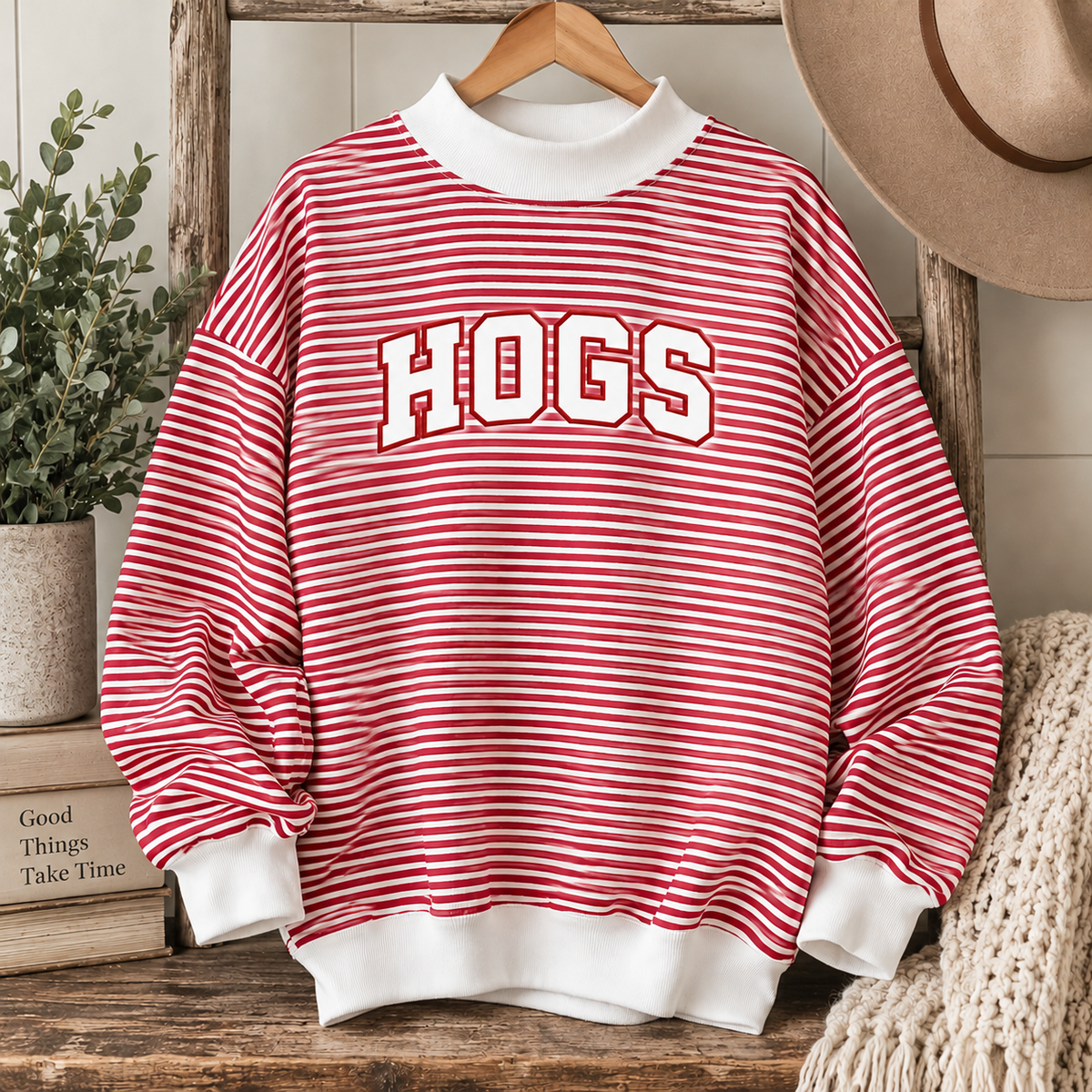 HOGS red striped mock neck with smaller HOGS lettering