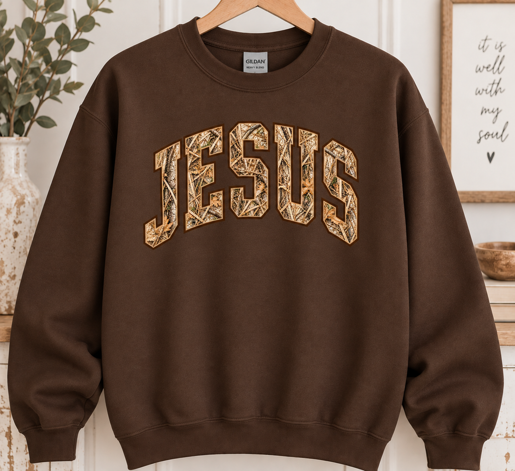 Jesus Camo Gildan sweatshirt - Dark Chocolate