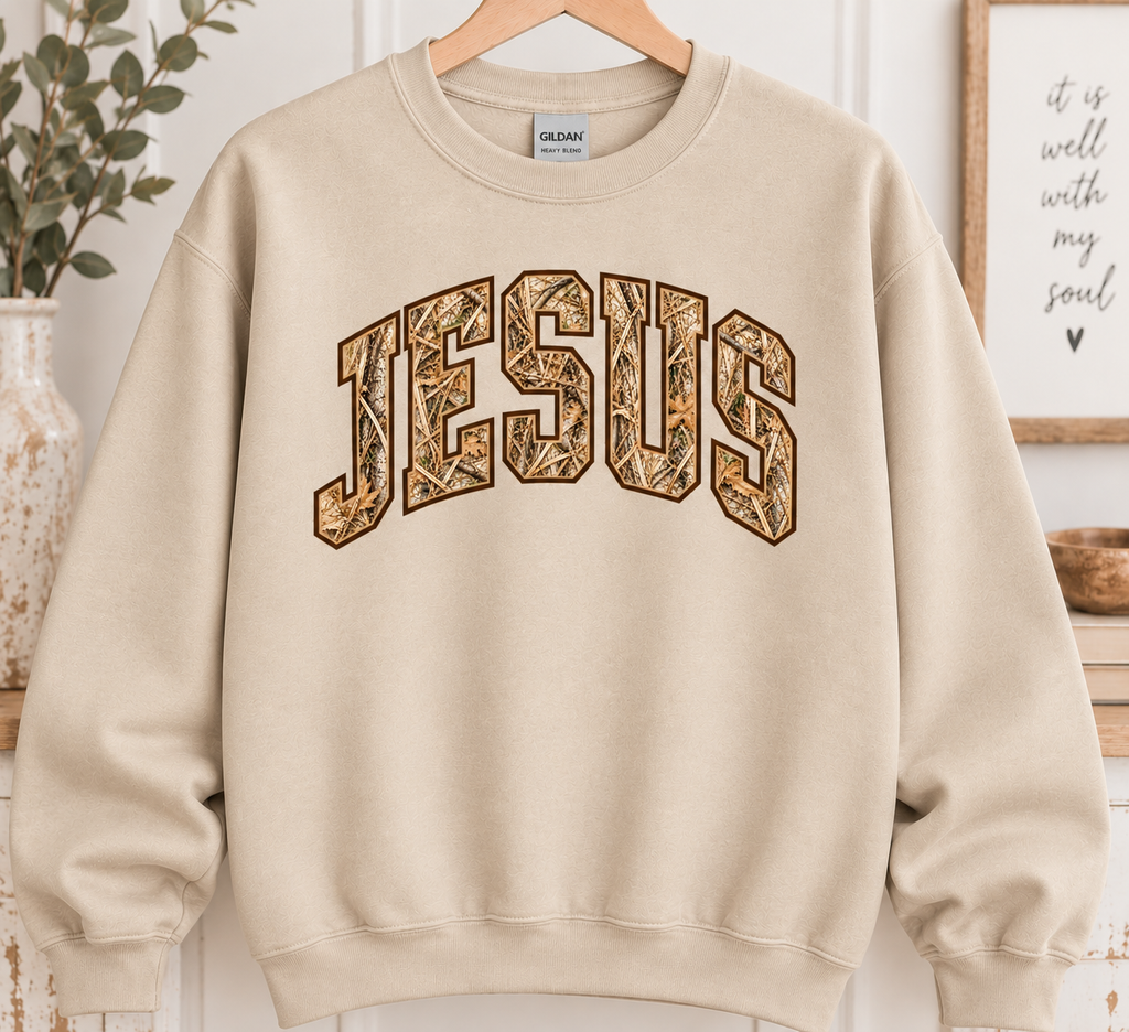 Jesus Camo Gildan sweatshirt - Sand
