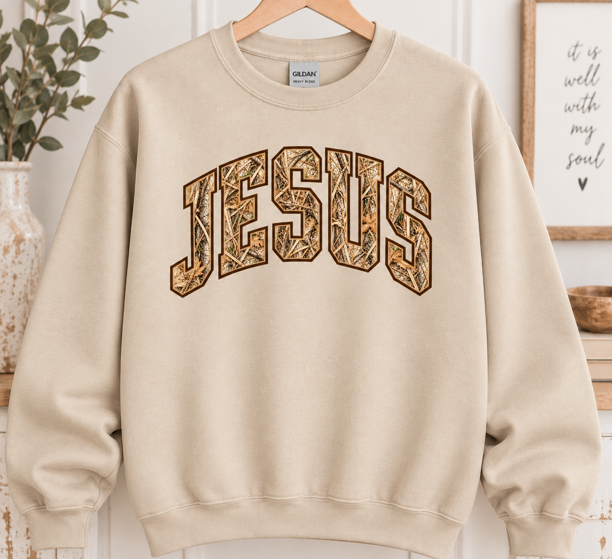 Jesus Camo Gildan sweatshirt - Sand