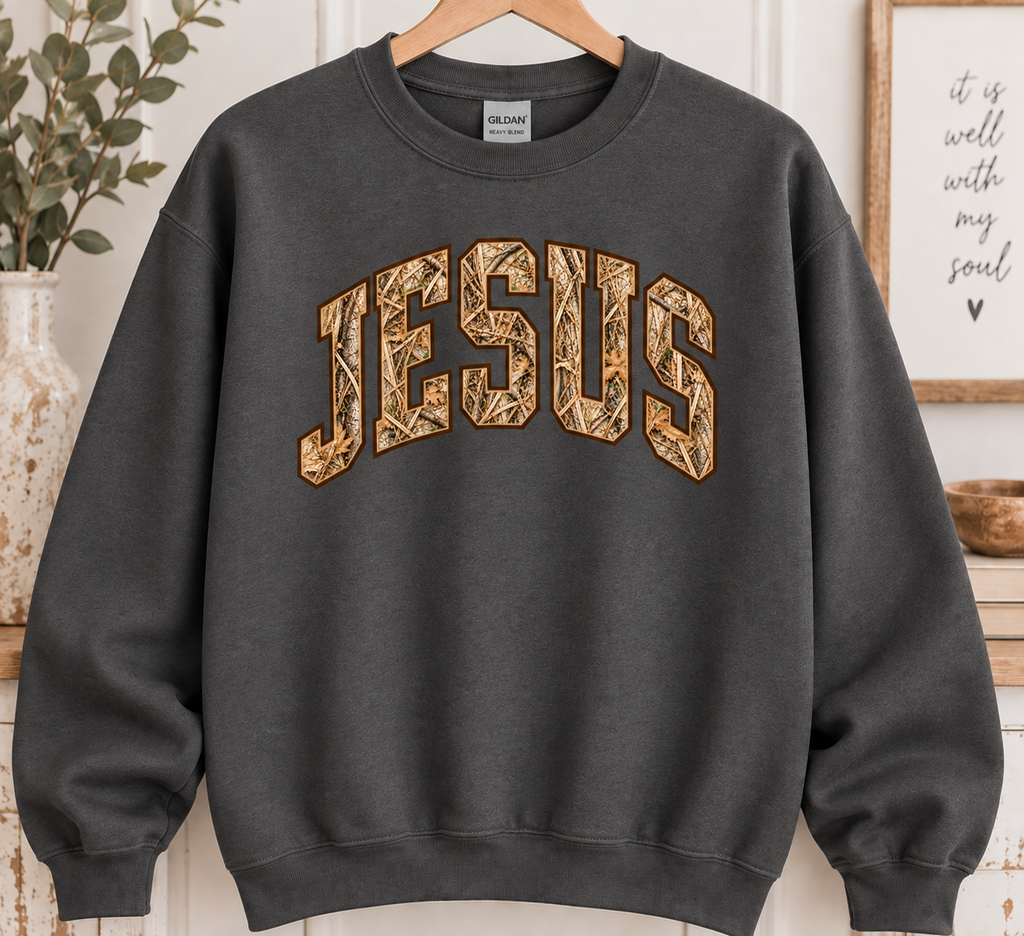 Jesus Camo Gildan sweatshirt - Charcoal Gray