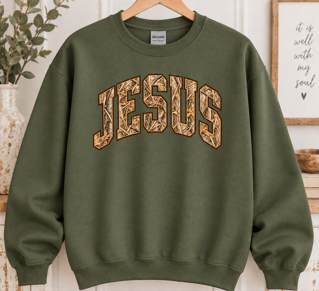 Jesus Camo Gildan sweatshirt - Military Green