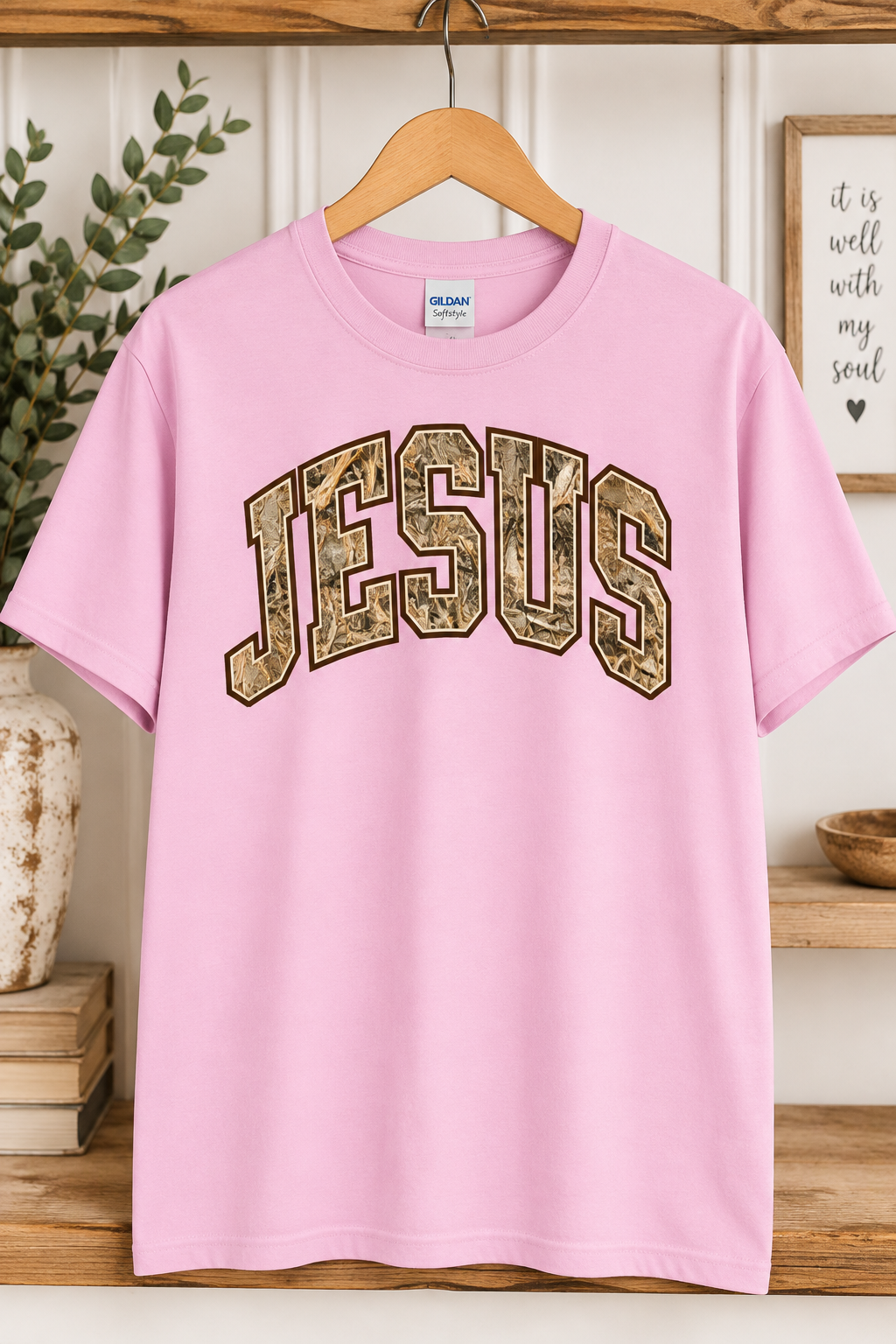 Jesus Camo Gildan Tee - Light Pink