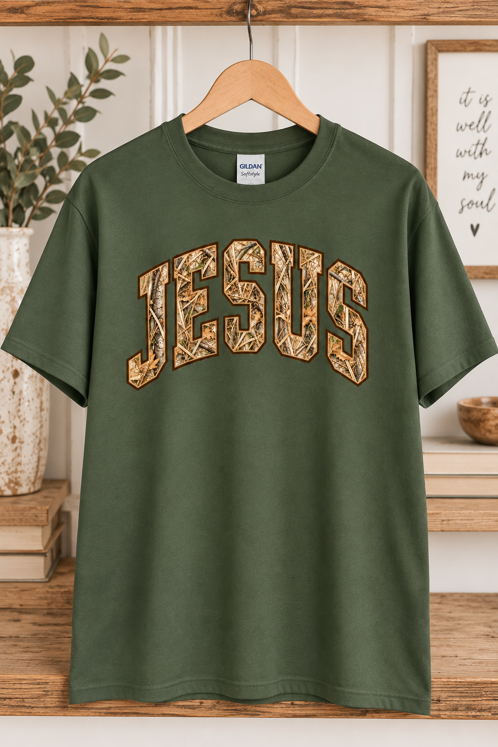 Jesus Camo Gildan Tee - Military Green