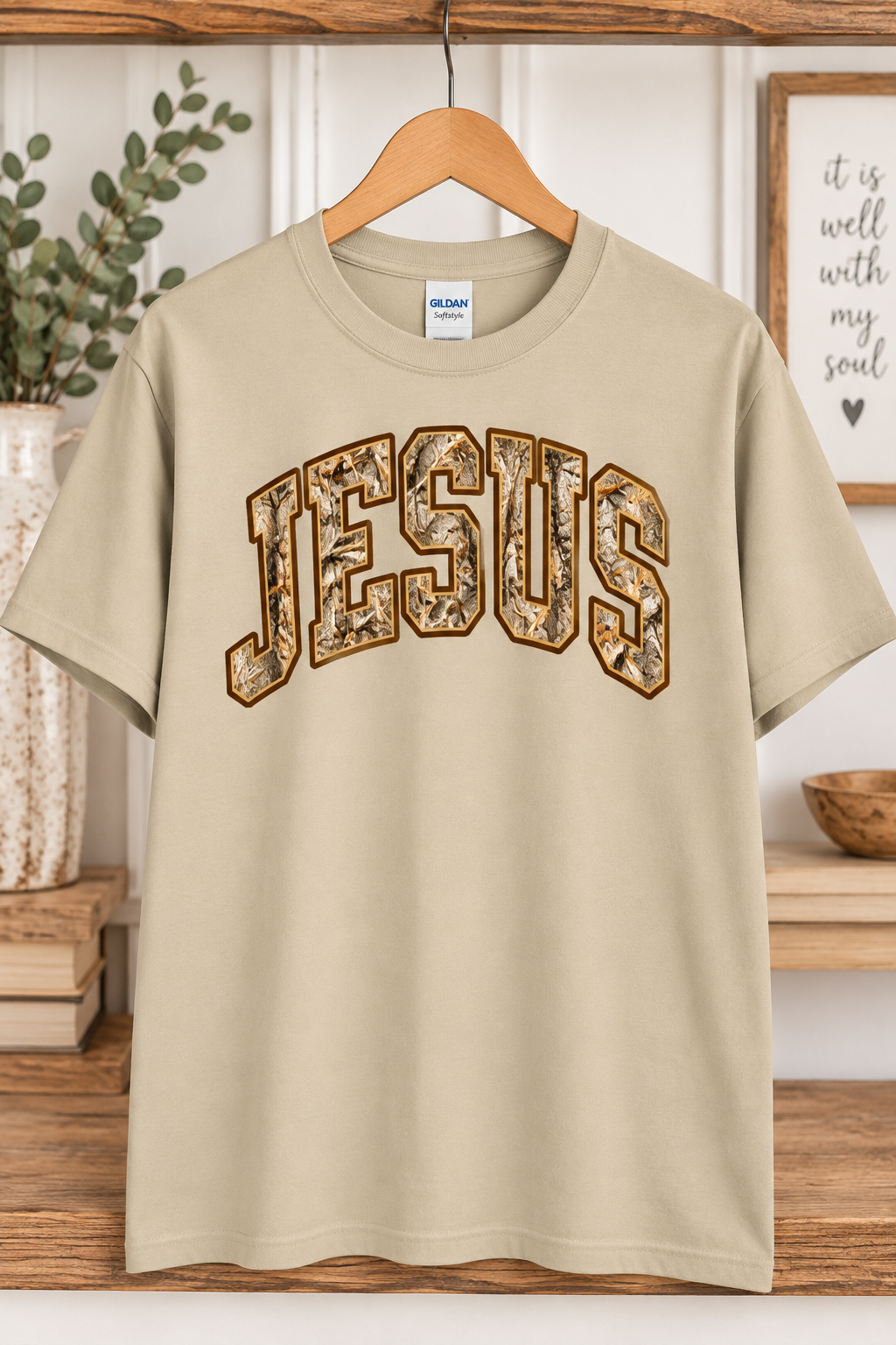 Jesus Camo Gildan Tee - Sand