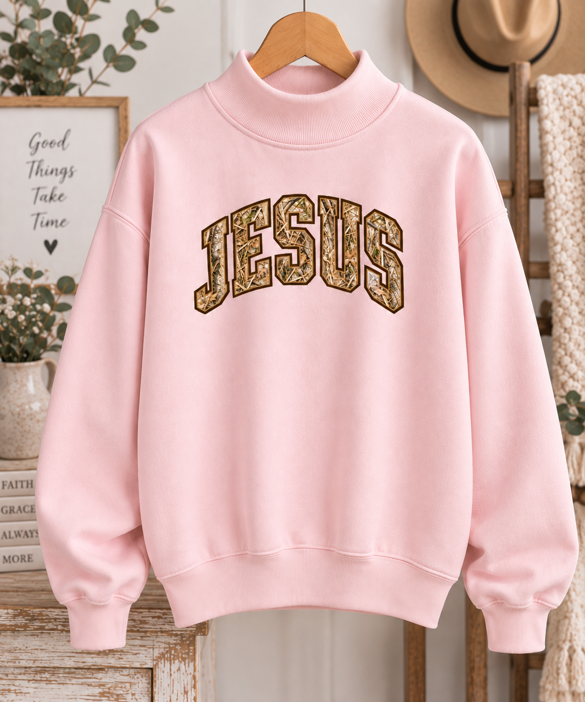 Jesus Camo Varsity Mockneck - Pink