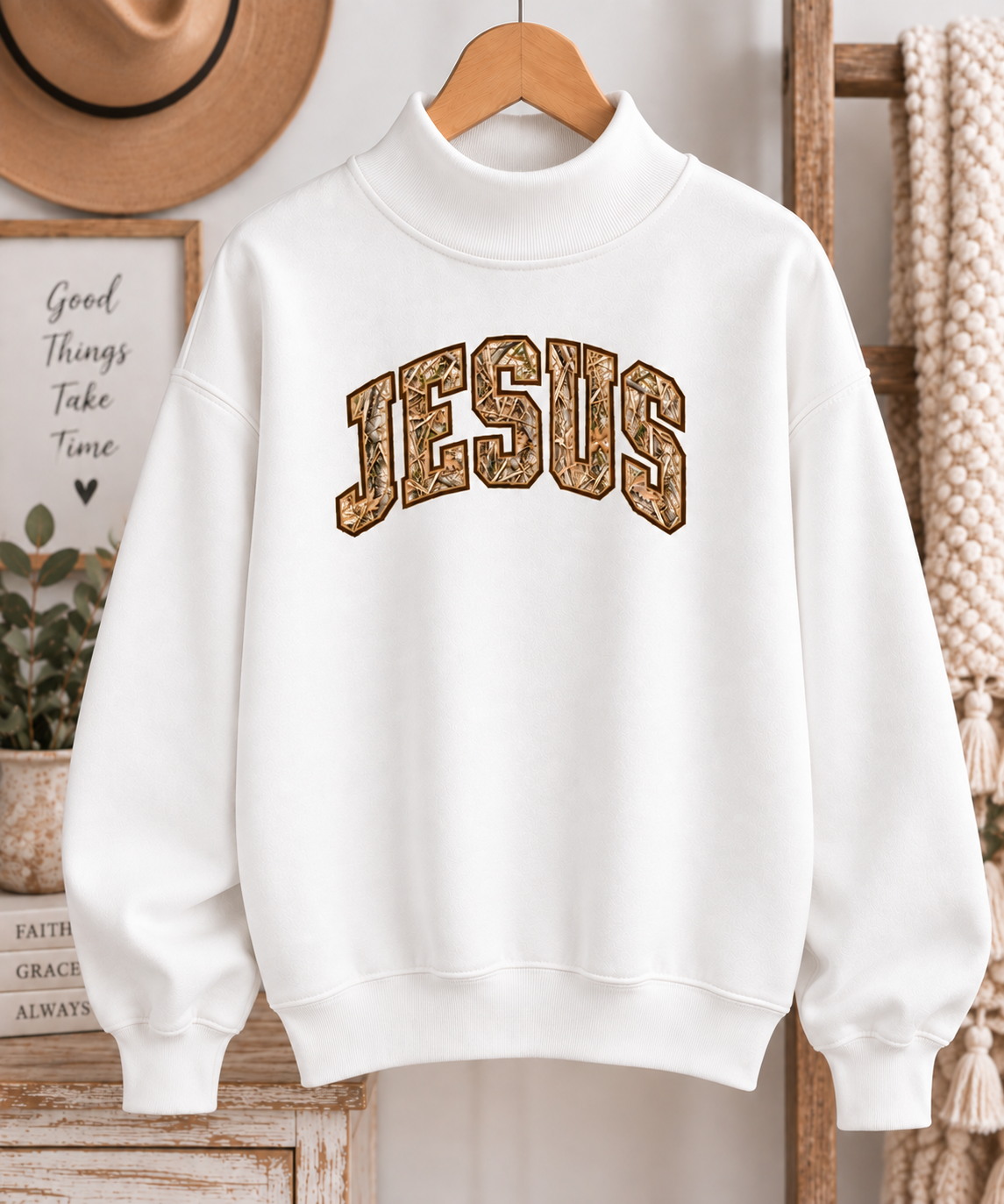 Jesus Camo Varsity Mockneck - White