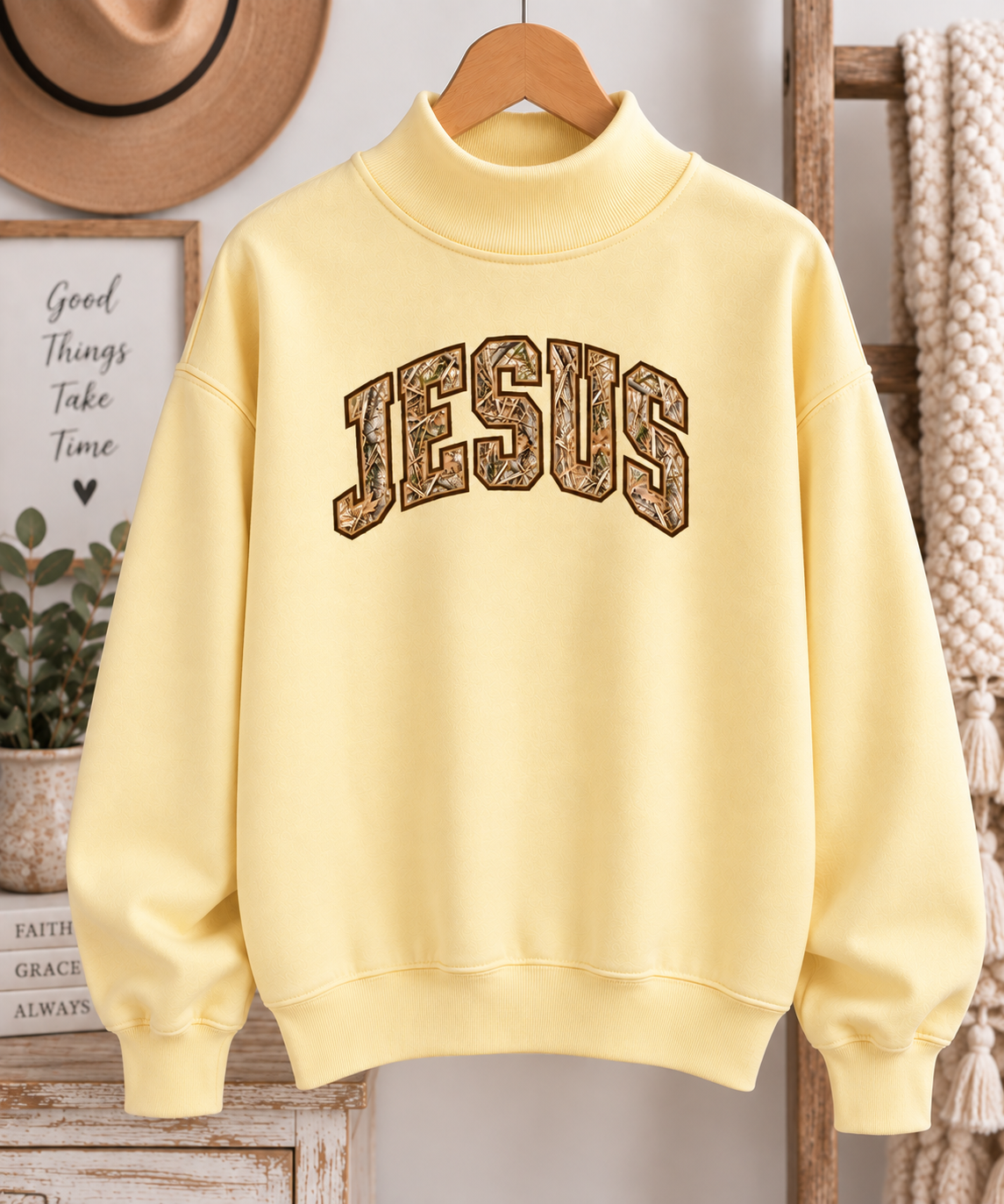Jesus Camo Varsity Mockneck - Yellow