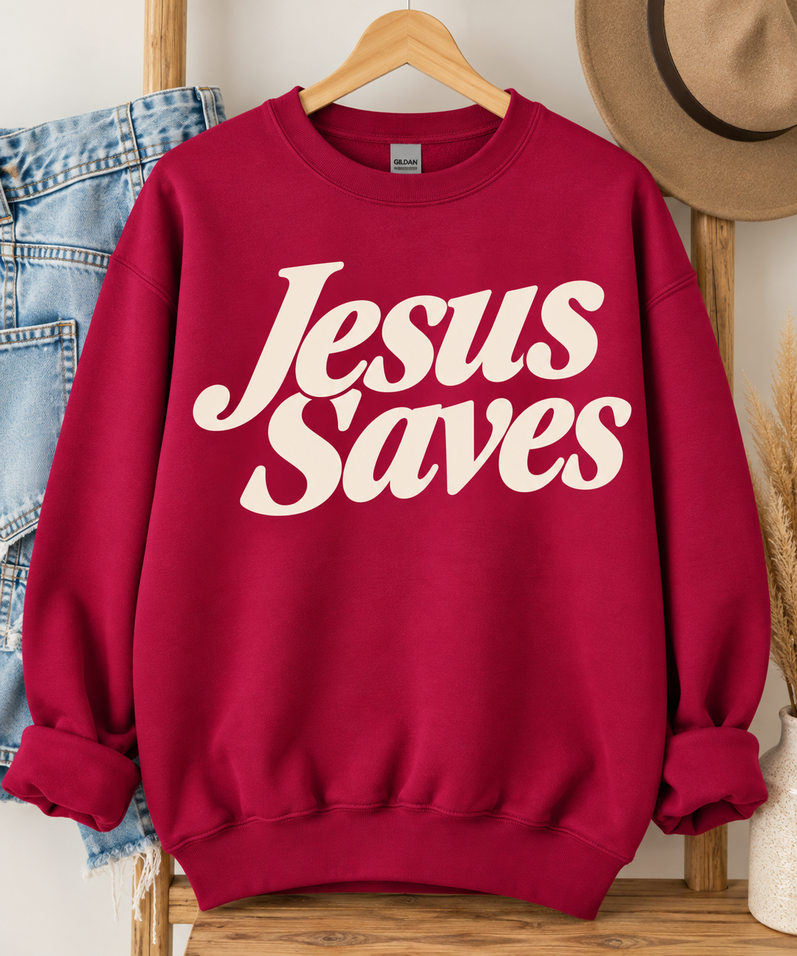 Jesus Saves Gildan Sweatshirt in Cardinal Red