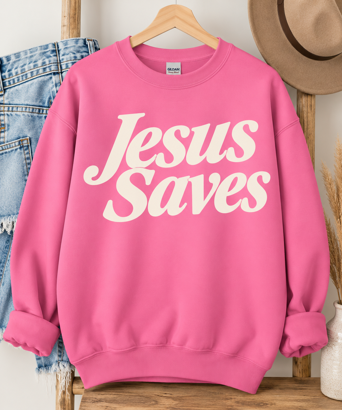 Jesus Saves Gildan Sweatshirt in Safety Pink