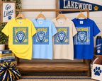 Lakewood Lions striped Gildan Softstyle tee in Daisy, Light Blue, Sand, and Royal Blue