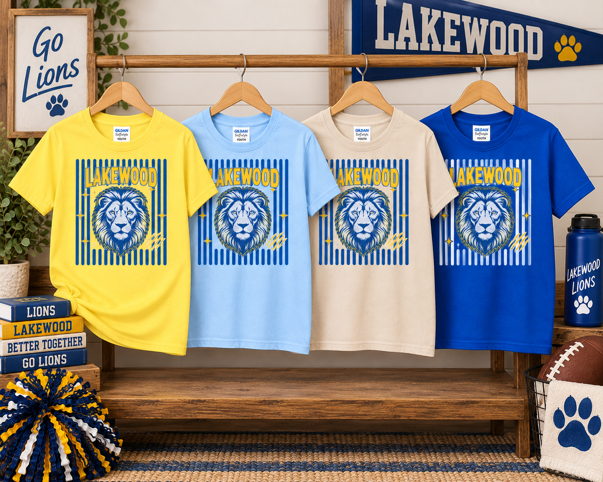 Lakewood Lions striped Gildan Softstyle tee in Daisy, Light Blue, Sand, and Royal Blue