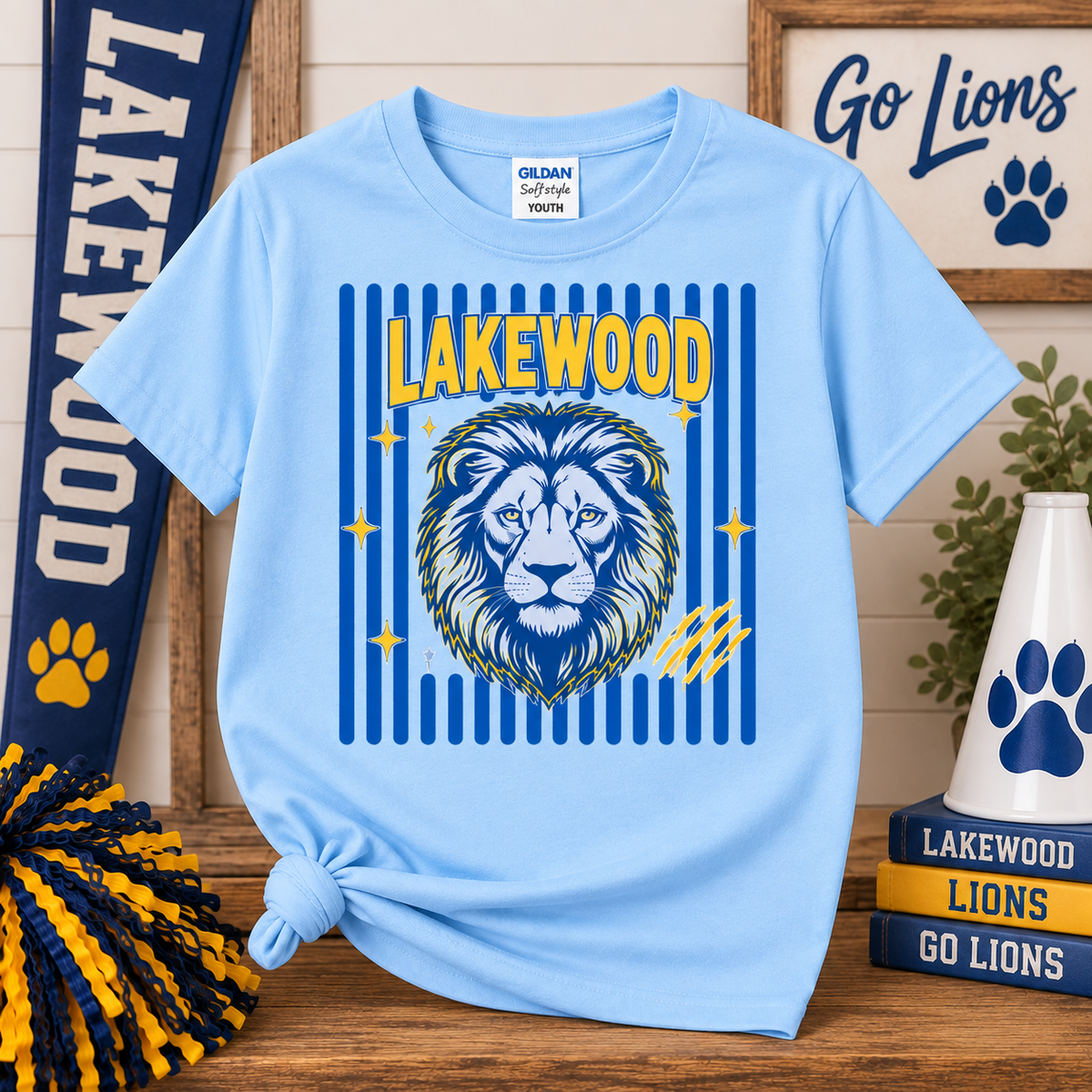 Lakewood Lions striped Gildan Softstyle tee in Light Blue
