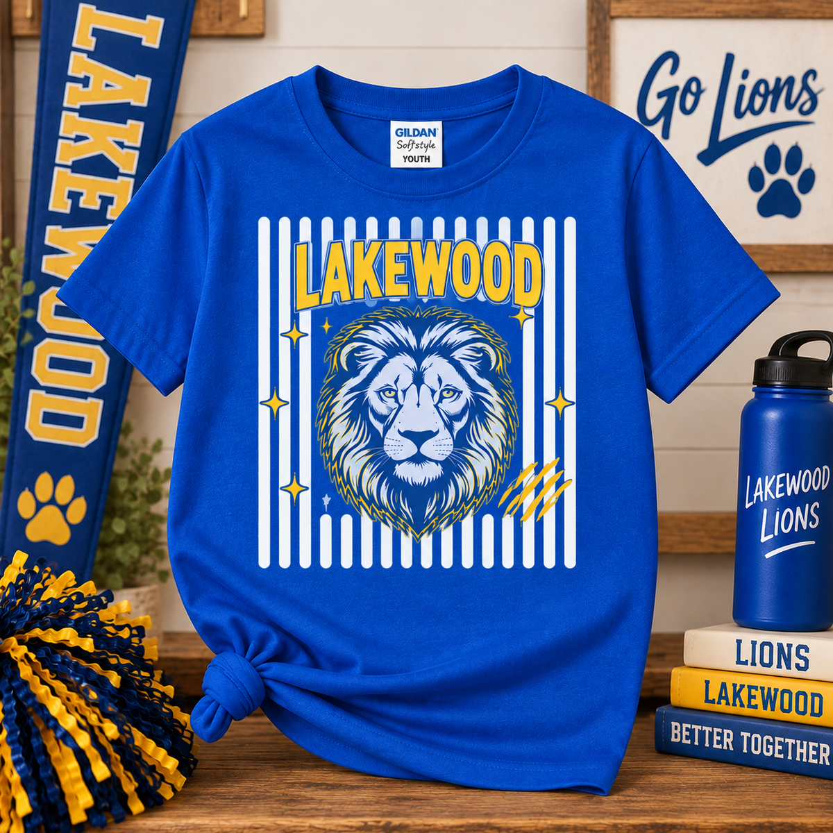 Lakewood Lions striped Gildan Softstyle tee in Royal Blue