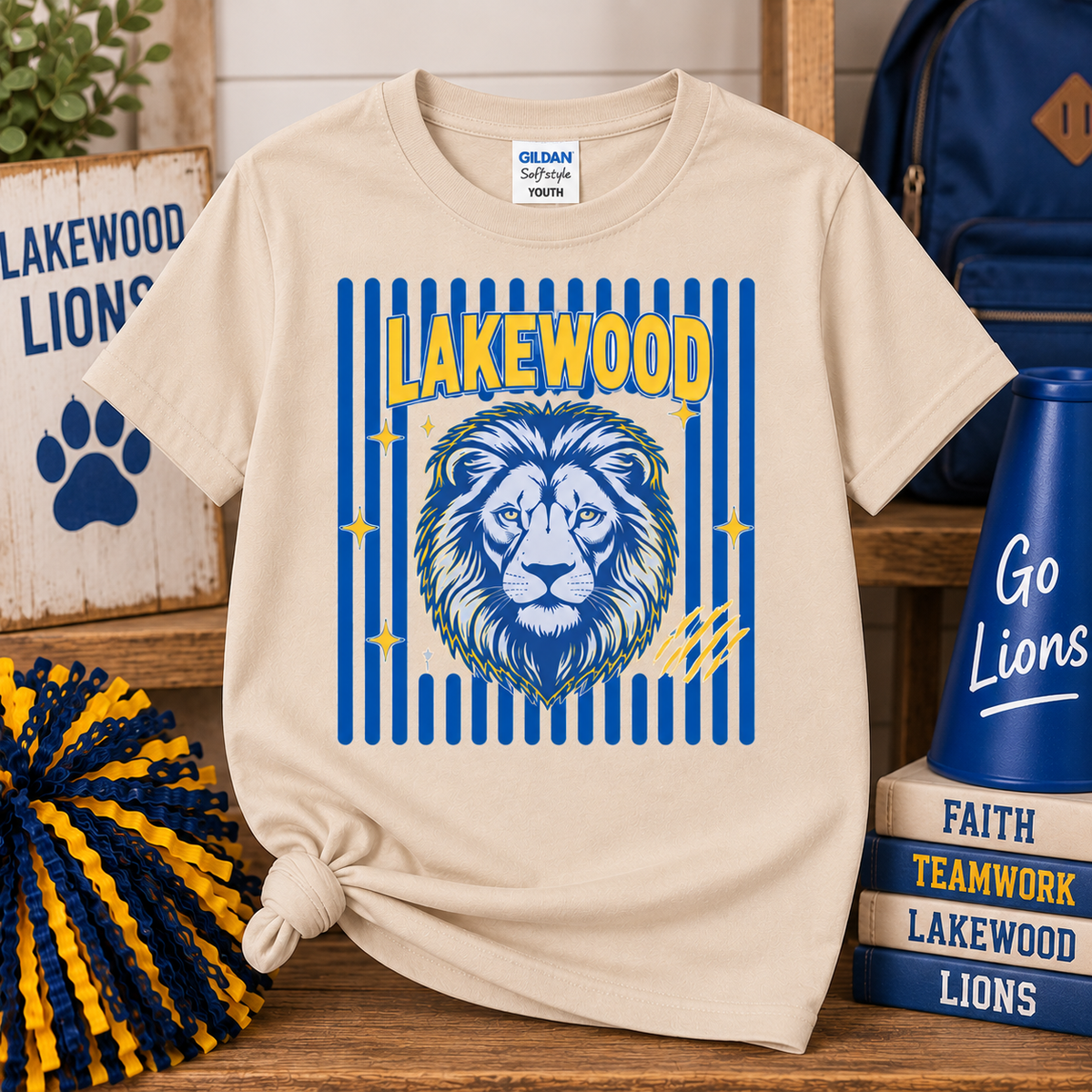Lakewood Lions striped Gildan Softstyle tee in Sand