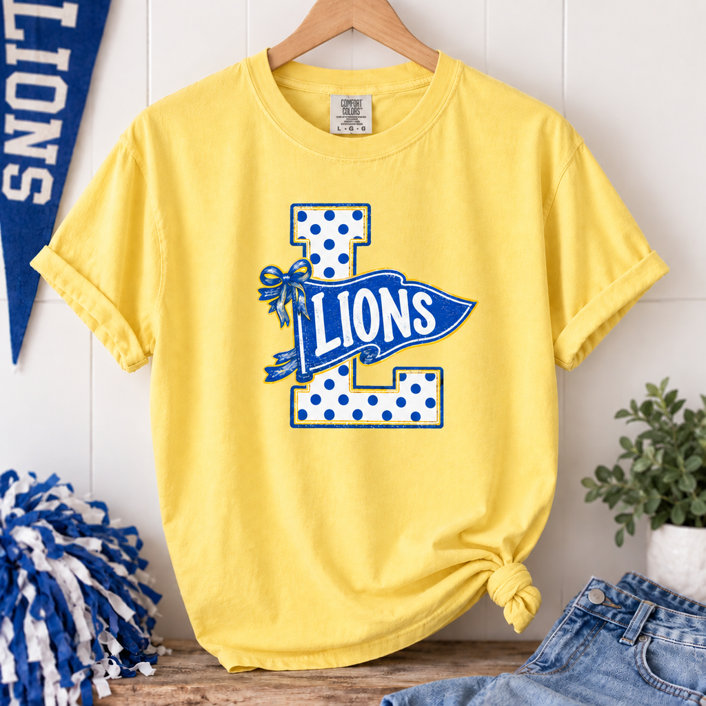 Lakewood Lions polka dot Comfort Colors tee in Citrus