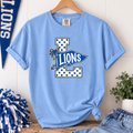 Lakewood Lions polka dot Comfort Colors tee in hydrangea blue