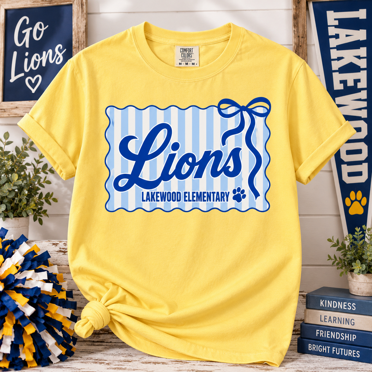 Lakewood striped bow Lions Comfort Colors tee in Citrus
