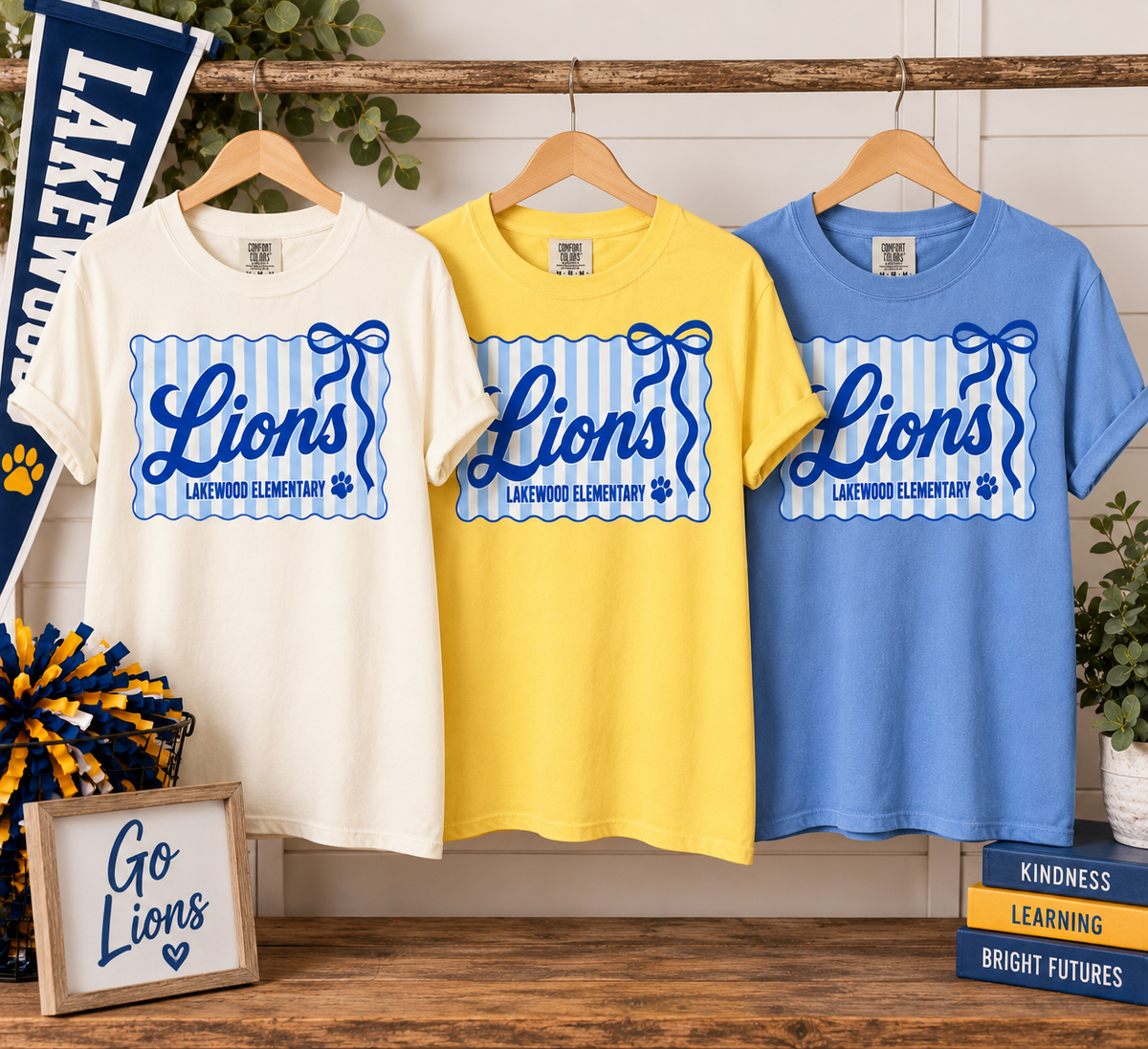 Lakewood striped bow Comfort Colors tees in Ivory, Citrus, and Mystic Blue