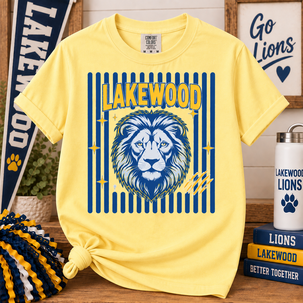 Lakewood striped lion Comfort Colors tee in Citrus