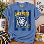Lakewood striped lion Comfort Colors tee in Mystic Blue