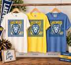 Lakewood striped lion Comfort Colors tees in White, Citrus, and Mystic Blue