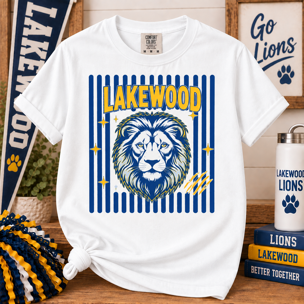 Lakewood striped lion Comfort Colors tee in White