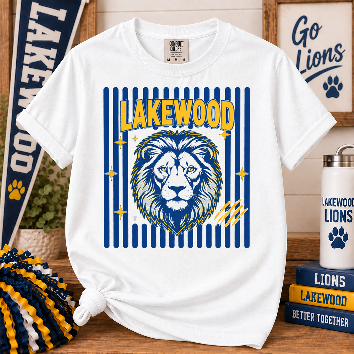 Lakewood striped lion Comfort Colors tee in White