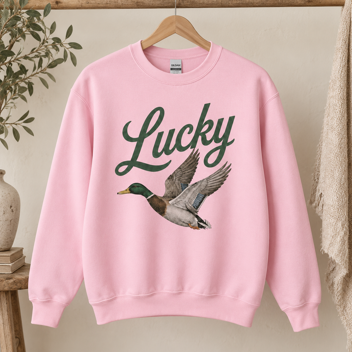 Lucky Duck Gildan Sweatshirt in Light Pink