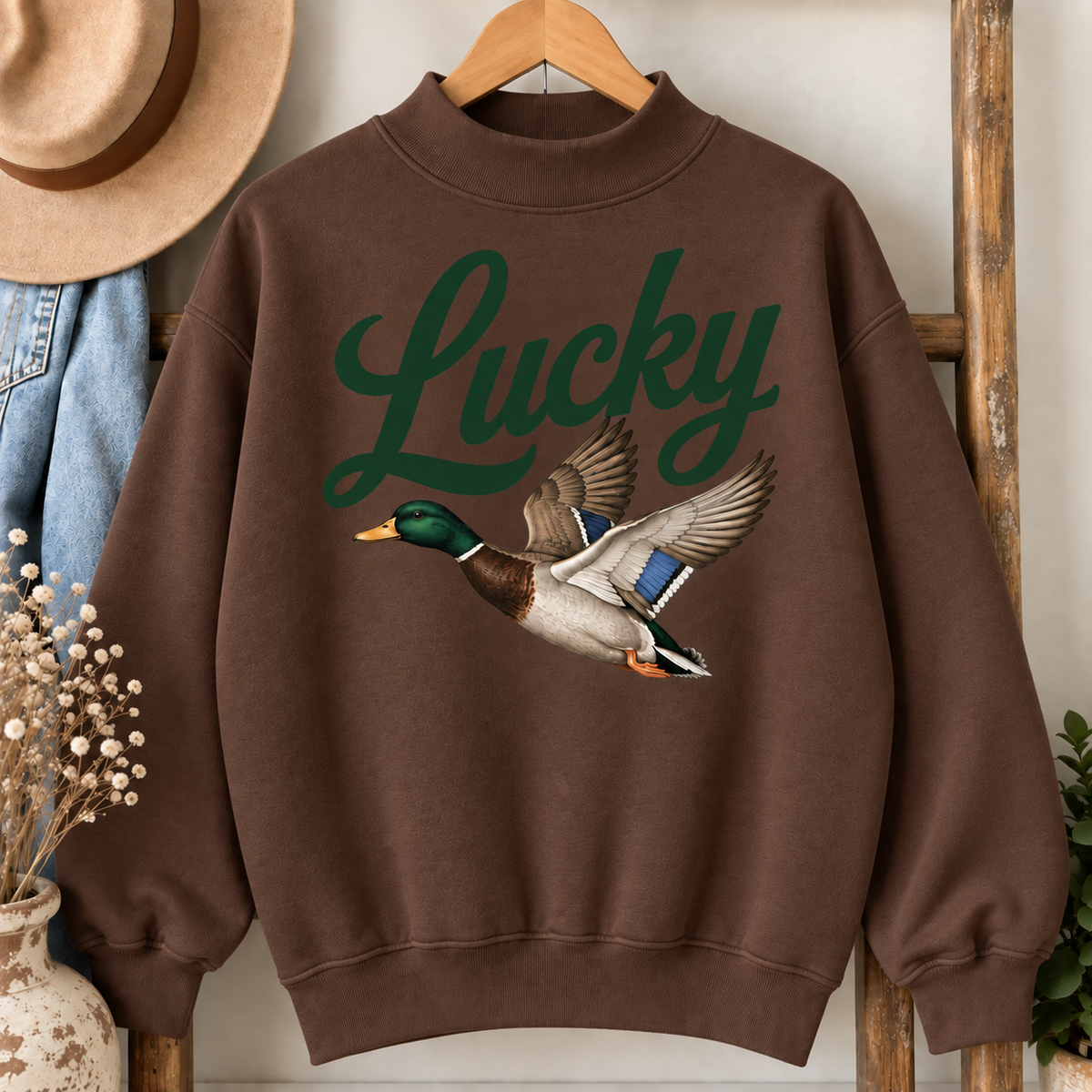 Lucky mallard mock neck sweatshirt in chocolate brown