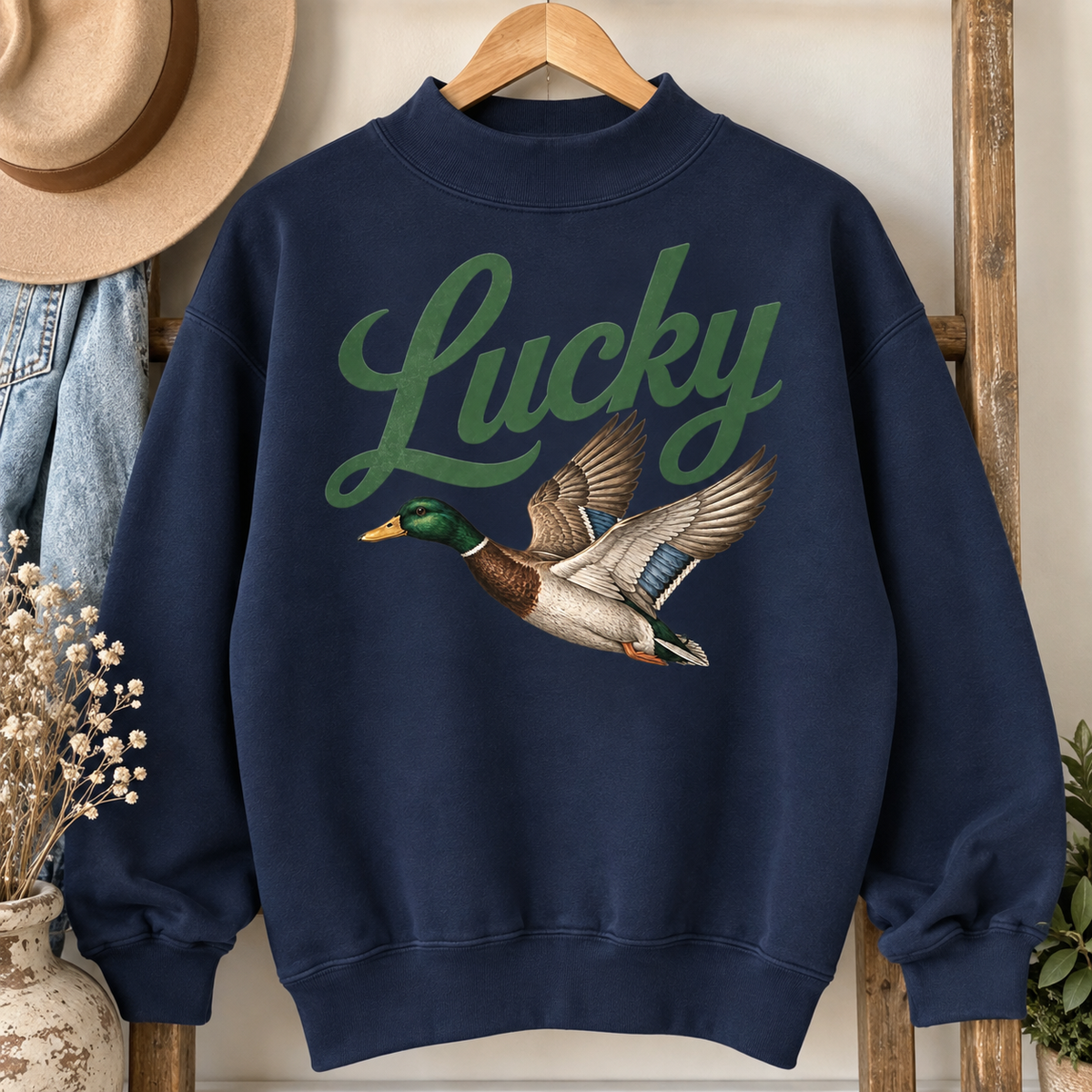 Lucky mallard mock neck sweatshirt in navy