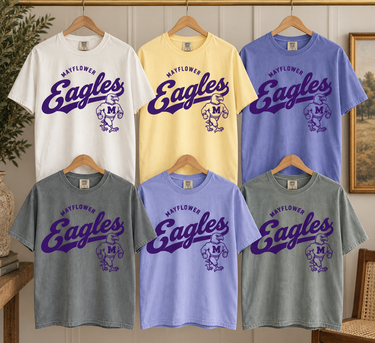 Mayflower Eagles Vintage Comfort Colors tees displayed together