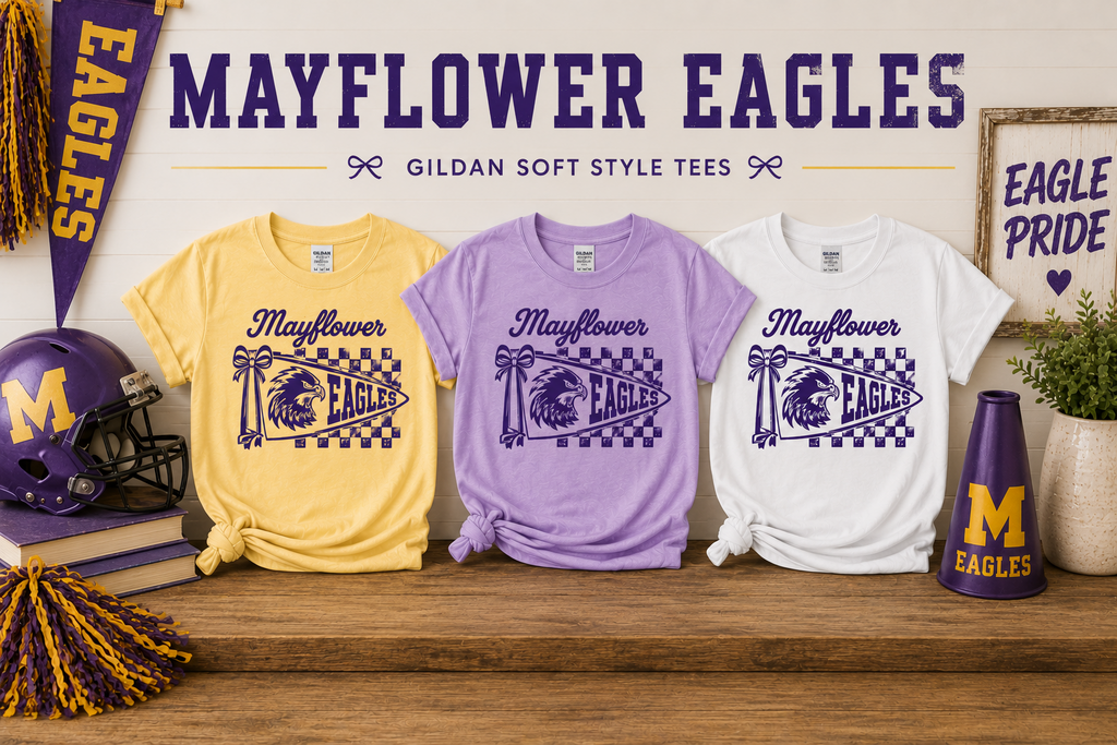 Mayflower Pennant Gildan Softstyle T-Shirt in Butter Yellow, Violet, and White