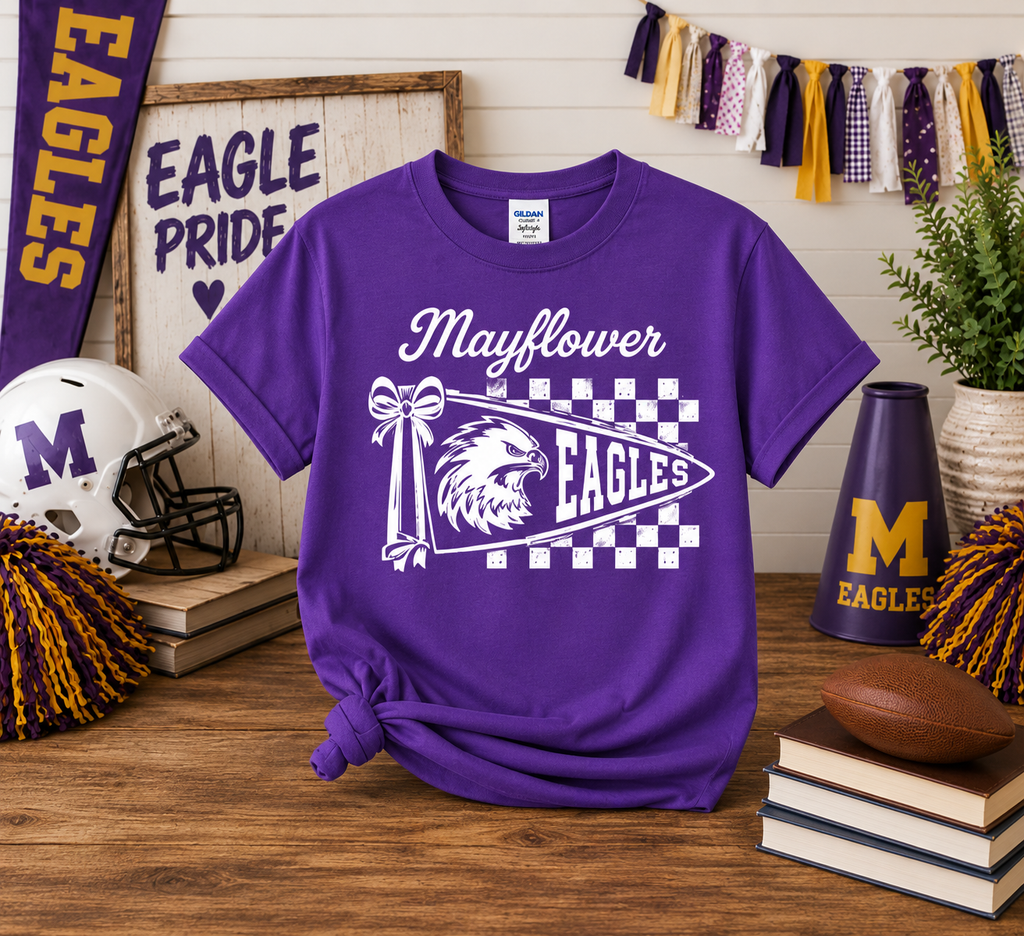 Youth Mayflower Pennant Gildan Soft T in Purple with white vintage pennant
