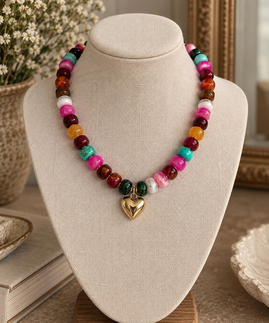 Handmade multicolored beaded necklace with a gold-tone heart pendant