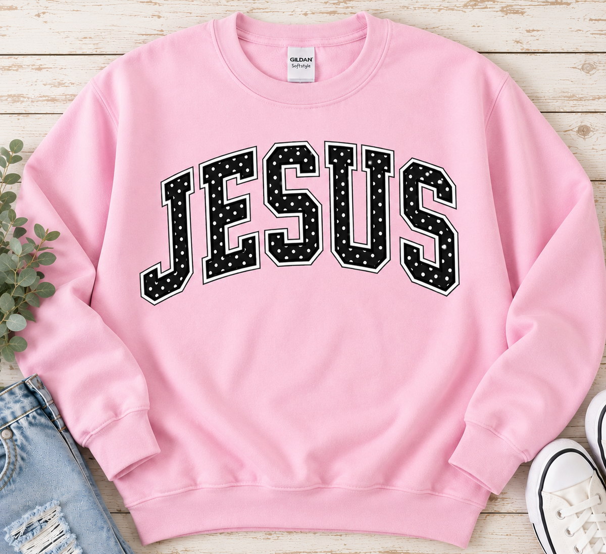 Light Pink Polka Dot JESUS Gildan Sweatshirt